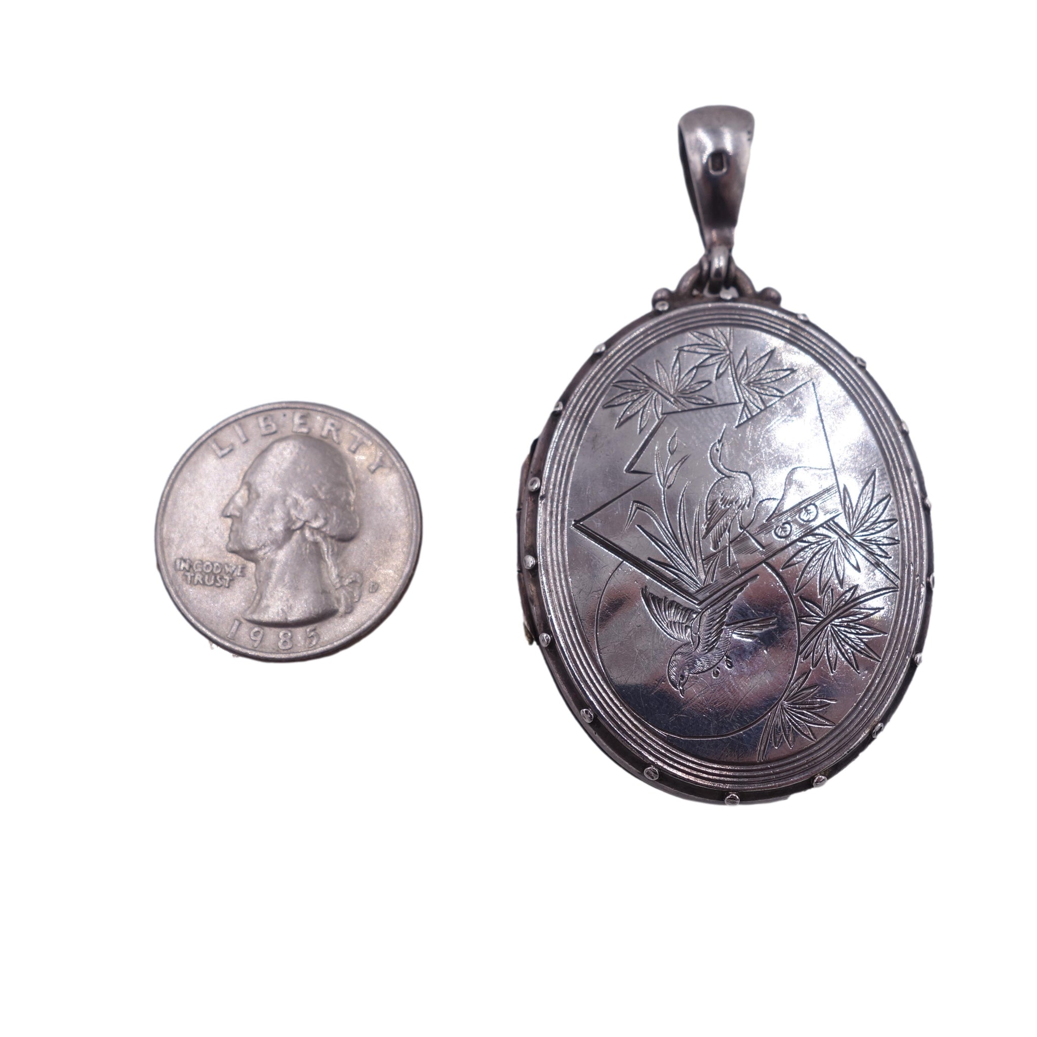 Victorian Silver Locket Pendant with Bird