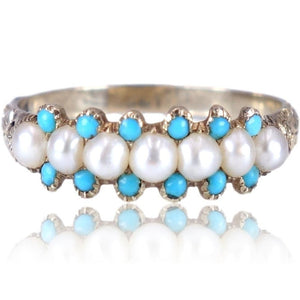 Georgian C. 1820 Half Hoop Pearl and Turquoise 15K Gold Ring Size