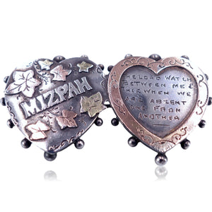 Victorian C. 1896 Three Tone Sterling Silver and Gold Double Heart Mizpah Brooch