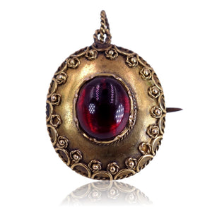 Victorian c. 1870 Etruscan Revival Garnet Cabochon 18K Gold Locket Brooch Pendant