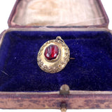 Victorian c. 1870 Etruscan Revival Garnet Cabochon 18K Gold Locket Brooch Pendant