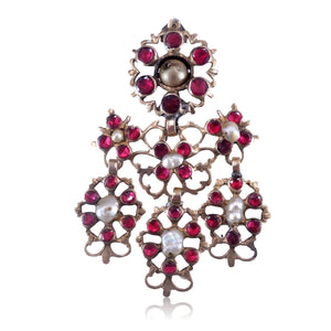 Georgian C. 1780 Flat Cut Garnet and Pearl Pendant Brooch