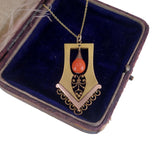 Victorian C. 1860 Etruscan Revival Coral and Gold Pendant Necklace