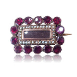 Georgian C. 1820 Flat Cut Garnet and Pearl Gold Mourning Sentimental Brooch