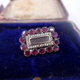 Georgian C. 1820 Flat Cut Garnet and Pearl Gold Mourning Sentimental Brooch