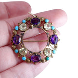 Georgian C. 1820 Amethyst, Chrysoberyl and Turquoise 18K Gold Cannetile Pendant Brooch