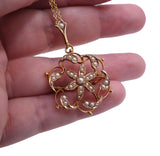 Edwardian C. 1910 Pearl Set Floral 9K Gold Pendant Brooch