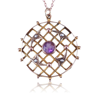 Edwardian C. 1910 Amethyst, Split Seed Pearl and Rose Gold Pendant Necklace